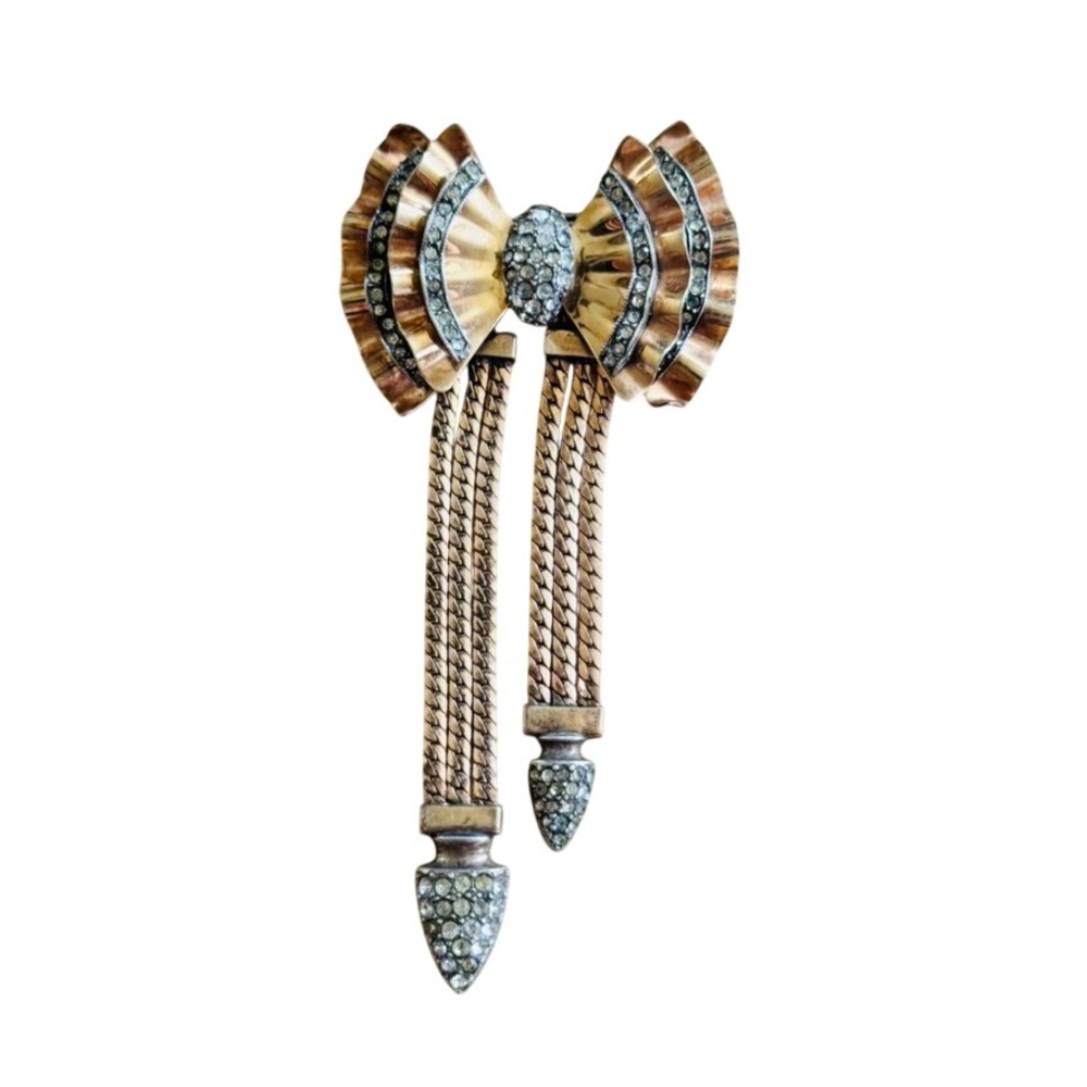 VTG CRC Charles Reis Bow Pin Brooch Rhinestone 12K Gold Filled Tassel Art Deco